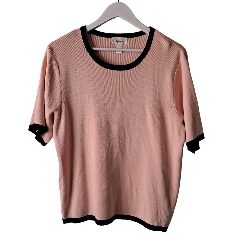 Talbots Peach & Black Color Block Knit Crewneck Short Sleeve Sweater - Size L